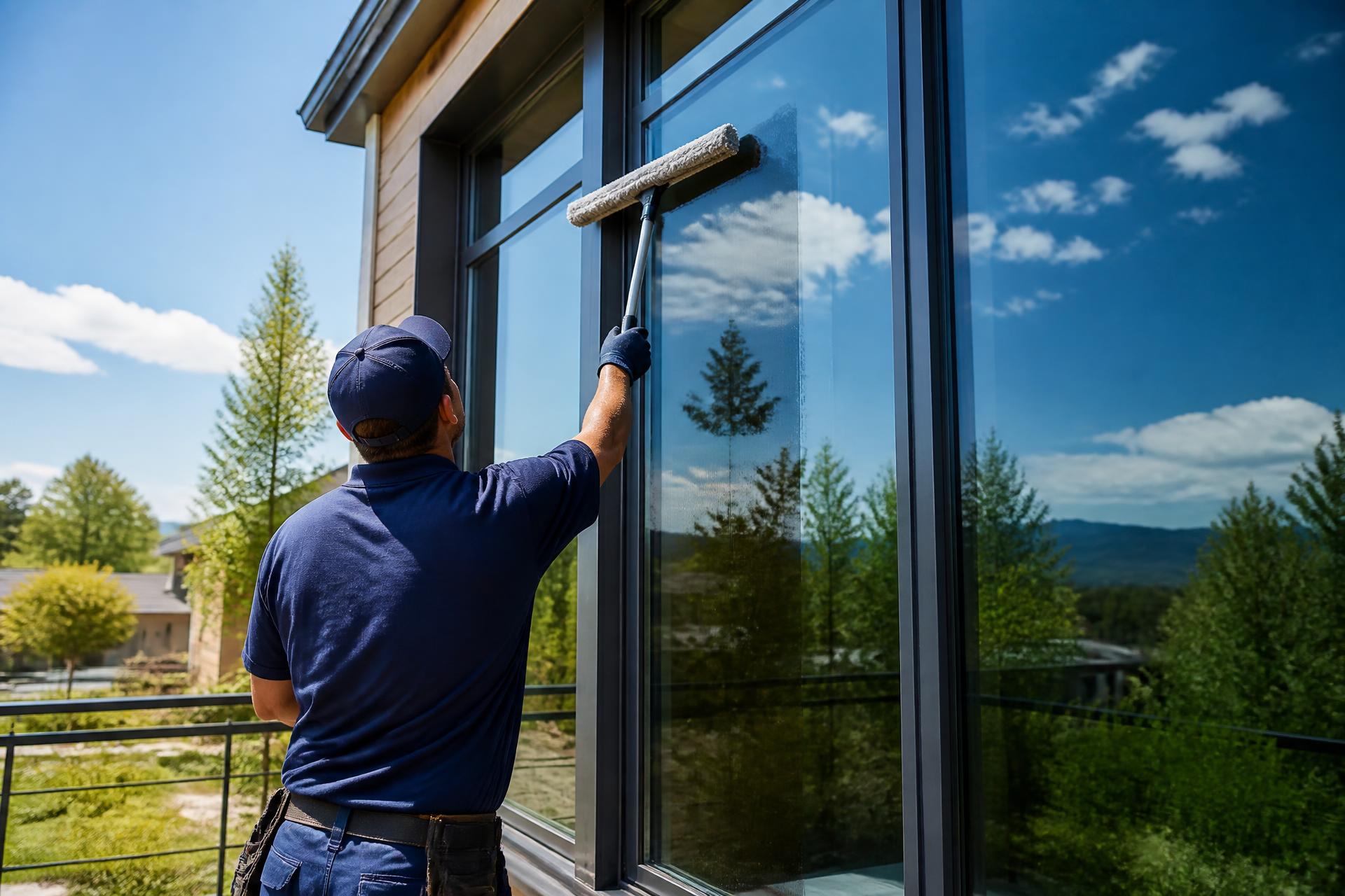 Local Fort Collins window cleaner cleaning a residential window on a sunny day
